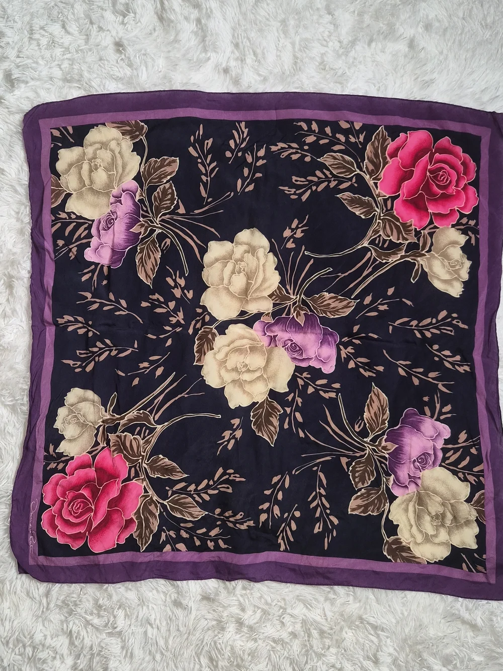 Womens Vintage Silk Scarf Oscar De La Renta Designer Purple Black Floral Print ✨